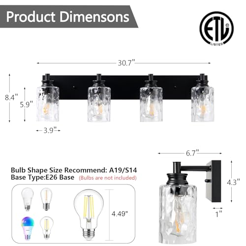 AMRUIPO 4 Light Bathroom Vanity Light Modern Black Bathroom Light Fixtures Over Mirror with Hammered Glass Lampshade for Kitchen Hallway