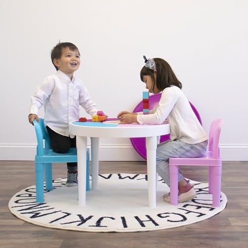 Humble Crew, White/Blue/Pink Kids 2-in-1 Plastic Building Blocks-Compatible Activity Table and 2 Chairs Set, Light Colors