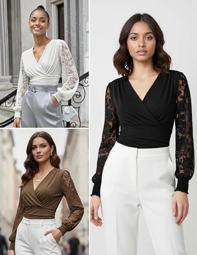 GRACE KARIN Womens Tops Dressy Casual, Elegant Lace Sleeve Shirts Wrap Ruched Blouses, 2026 Spring Fashion Outfits
