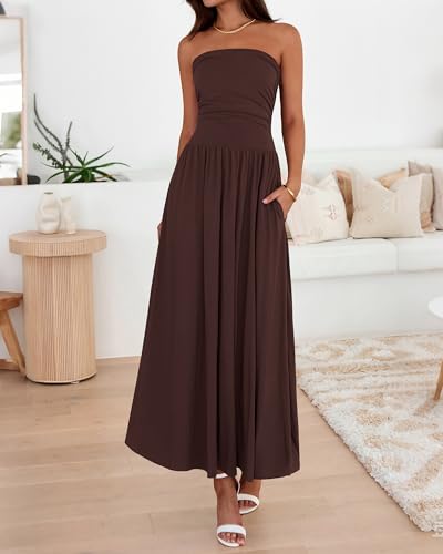 BTFBM Summer Maxi Dresses for Women 2026 Strapless Ruched Tube Top Beach Vacation Spring Wedding Guest Dress Pockets