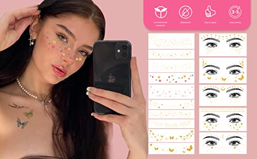 DIVAWOO 32 Sheets Face Temporary Tattoo, 20 sheets Glitter Metallic Freckle Tattoos, 12 PCS Butterflies Fake Tattoos Stick...