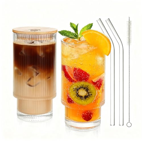 Salpae 2 Pack Glass Cups with Lids and Straws, 16oz Ribbed Drinking Glasses Tumblers Durable Drinkware Water Glasses Cup I...