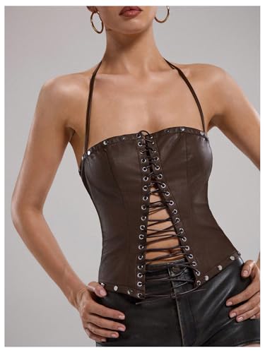 WDIRARA Women's PU Leather Lace Up Halter Top Vintage Western Sleeveless Backless Camisole Tops
