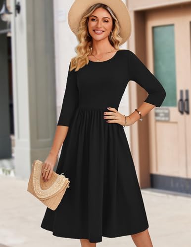 Zeagoo 3/4 Sleeve Women's Dress Casual Flowy A-Line Midi Tshirt Dresses with Pockets Crewneck Vocation Boho Beach Sundress