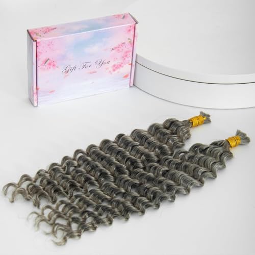 KRN Grey Deep Wave Bulk Human Braiding Hair 2 Bundles/Pack 100g Curly for Boho Braids 12A Salt And Pepper No Weft Wet and Wavy Gray 20 Inch