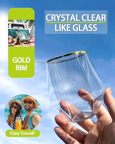 Maaacute 40 Pcak Plastic Stemless Wine cocktail Whiskey Champagne Glasses, 12 Oz Gold Rim Disposable Clear Unbreakable Cup...