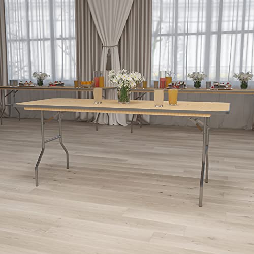 Flash Furniture Fielder 6-Foot Rectangular HEAVY DUTY Birchwood Folding Banquet Table with METAL Edges and Protective Corn...