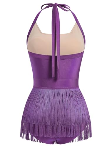 Women Halter Fringe Bodysuit Open Back Glitter Mesh Salsa Jazz Latin Dance Dress Sexy Concert Sparkly Tassel Outfits