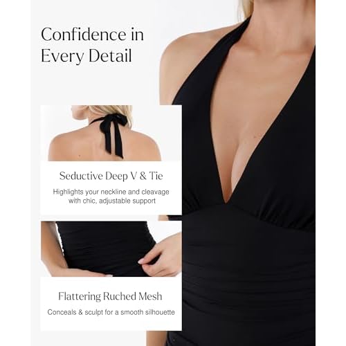 Popilush One Piece Swimsuit Women Tummy Cnotrol Halter V Neck Shapewear Swimsuits Bathing Suit Slimming Swimwear