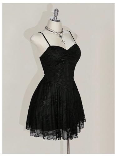 BEAUDRM Women's Plus Size Y2k Floral Gothic Dress Mesh Lace Goth A Line Mini Dresses Grunge Ruched Short Cami Sundress