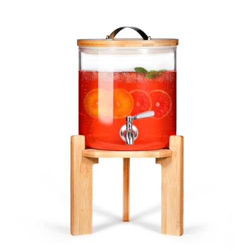 Glass Beverage Dispenser with Bamboo Stand 6.7 In and Lid, Iced 1.5 Gallon Drink Server with Spigot, Large Thick Glass Dri...