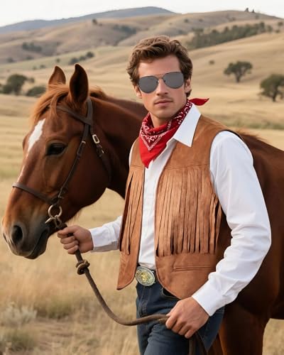 PARTTELY Western Cowboy Costume Outfit for Men,Cowboy Vest Buckle Belt Accessories for Halloween Cosplay Party