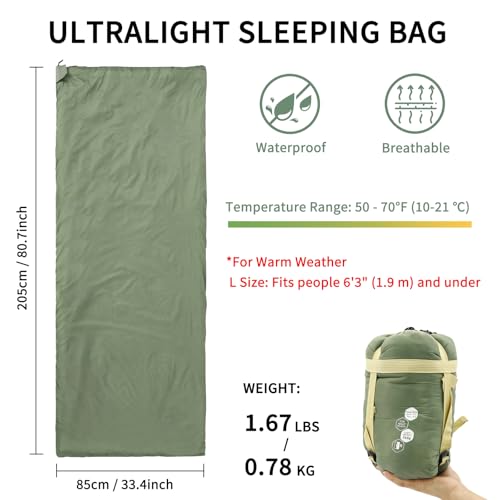 NewDoar Ultralight Backpacking Sleeping Bag - 50-70°F, 1.5lbs, Waterproof & Machine Washable, 2-Way Zipper for Teens,Coupl...
