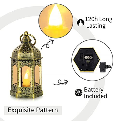 Romadedi Mini Lanterns Decorative for Centerpiece: 10pcs Hanging Small Gold Lantern Bulk with Flickering LED Candles for W...