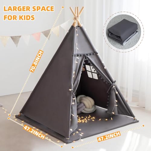 RONGFA Teepee Tent for Kids with Mat, Star Lights, Carry Case, Cotton Canvas Playhouse, Foldable Tents, Portable Children ...