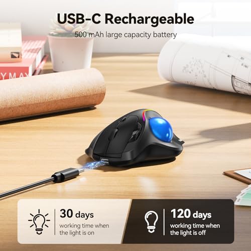 TECKNET Pro Wireless Trackball Mouse, Bluetooth Mouse with Ergonomic Thumb Control, USB-C Rechargeable, RGB Light Mice wit...
