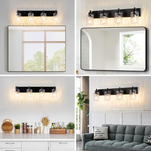 AMRUIPO 4 Light Bathroom Vanity Light Modern Black Bathroom Light Fixtures Over Mirror with Hammered Glass Lampshade for Kitchen Hallway