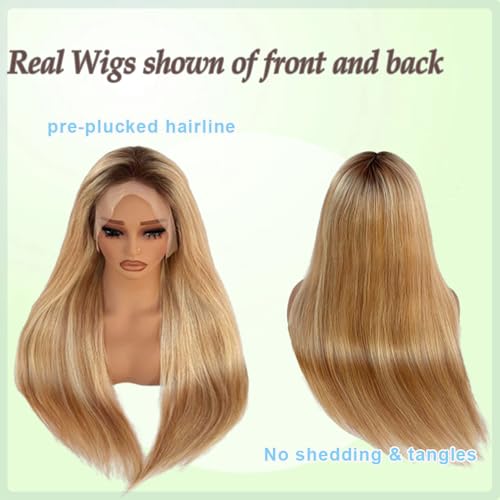 13x6 Medium brown/Golden Brown to Bleach Blonde Highlights Straight Lace front Wigs Human Hair 24in for Black Women HD Lace Glueless Pre Plucked 180% Density Brazilian Virgin Human Hair 24in