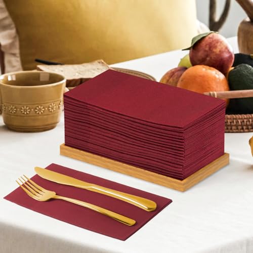 KAMMAK Burgundy Napkins Disposbale Wine Red Cloth like Paper Dinner Napkins with Pocket 100 Pack Guest Hand Towel for Part...