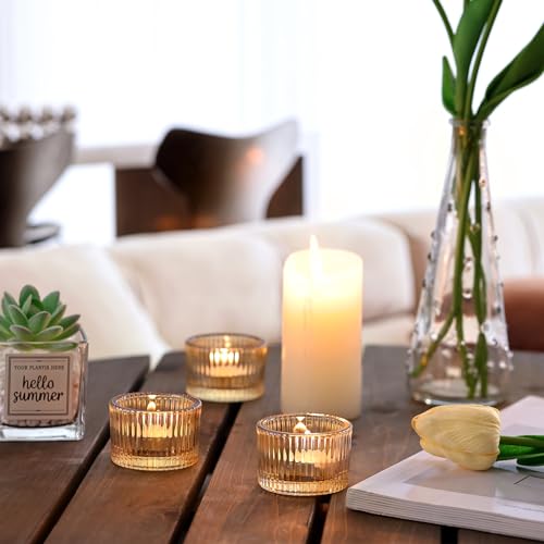 HAVITI 24 pcs Tealight Gold Candle Holders, Votive Tea Light Candle Holder Glass for Gold Centerpieces Fall Wedding Table ...