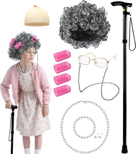 EVAFESNS 100 Days of School Old Lady Grandma Costume Accessories Set with Wig, Glasses, Cane & Faux Pearl Set