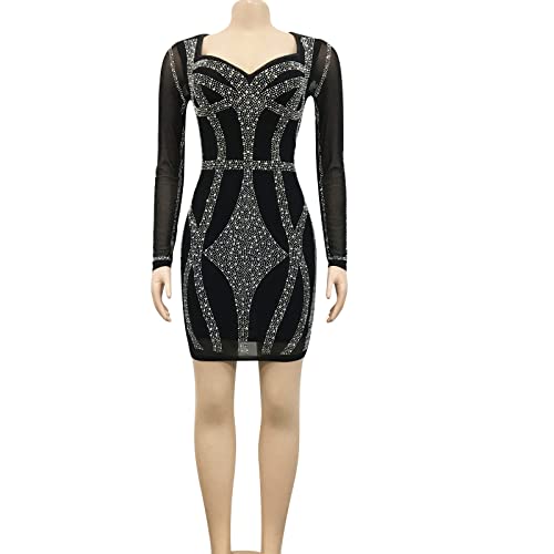 KRICESSEEN Sexy Rhinestone Crystal Mesh Patchwork Sheer Bodycon Dress Womens See-Through Birthday Clubwear Dresses