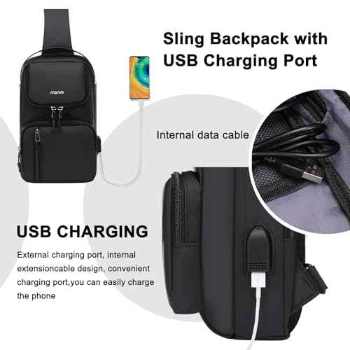 MOSISO Sling Bag Crossbody Sling Backpack with USB Charging Port for Men, Small Chest Daypack Purse Crossbody Shoulder Bag with 2 Raised Pockets for Hiking Casual Travel Commuting, Black