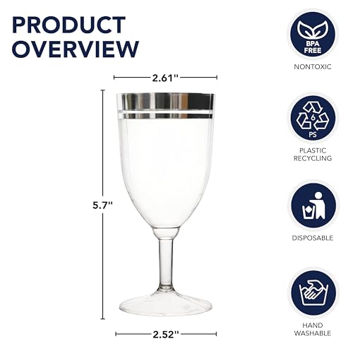 Party Essentials Disposable All-Purpose One-Piece 8 oz Plastic Wine Glasses Cups with Stem, 8-Count, Clear with Silver Rim