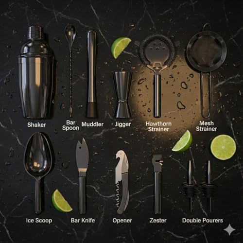 Highball & Chaser 13-Piece Cobbler Cocktail Shaker Set: Black Polished Stainless Steel Bartender Kit for Home Bar Set | La...