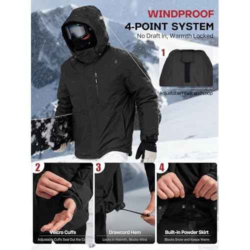 FREE SOLDIER Men's Waterproof Ski Snow Jacket Fleece Lined Warm Winter Rain Jacket with Hood Fully Taped Seams