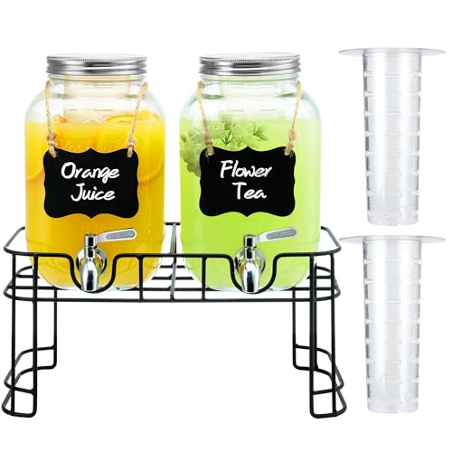 1 Gallon Glass Drink Dispensers for Parties, 2PACK Beverage Dispenser with Stand, Ice Cylinder and Stainless Steel Spigot ...