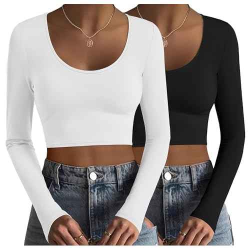 Ekouaer Long Sleeve Crop Tops for Women Scroop Neck Lightweight Basic Base Layer Thermal Undershirts Shirts