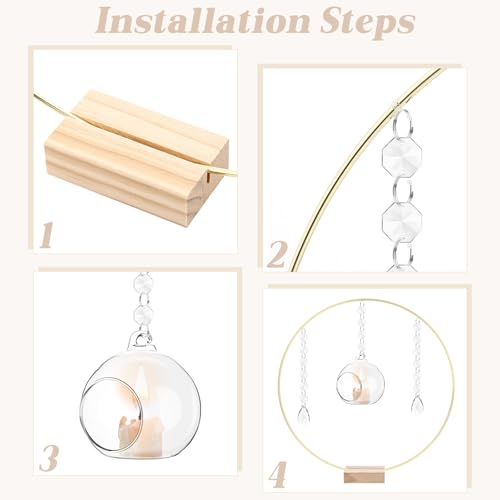 Leinuosen 12 Pack 12'' Metal Floral Hoop Centerpieces Set with Wooden Stand, Hanging Candle Holder, Acrylic Crystal Pendan...