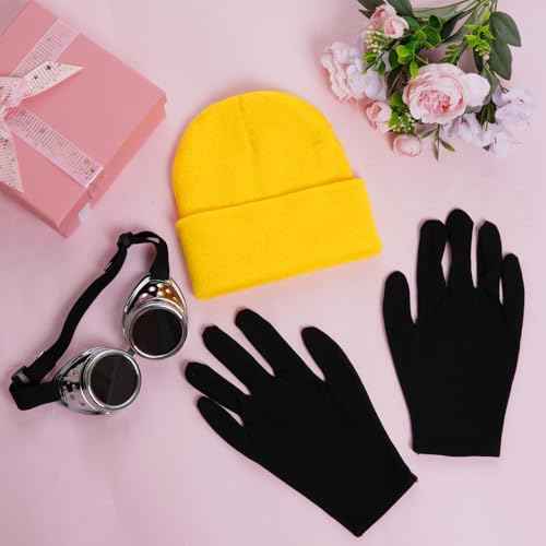 3Pcs Halloween Costume Accessories, Vintage Steampunk Goggles Yellow Beanie Hat Black Gloves Set for Halloween Cosplay Party