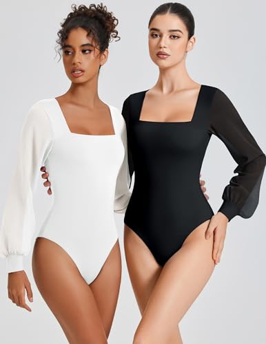 Avidlove Women Puff Long Sleeve Bodysuit Mesh Square Neck Thong Sexy Body Suits Double Lined Leotards