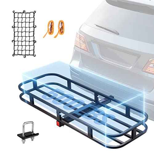 VEVOR 53 x 19 5 in Hitch Cargo Carrier, 500lb Capacity Trailer Mount Basket, Steel Luggage Carrier Rack Fits 2'' Receiver for SUV Truck Pickup with Net, Stabilizer, Straps, Black