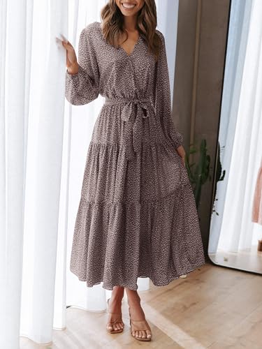 PRETTYGARDEN Womens Spring Long Sleeve Wrap V Neck Ruffle Floral Maxi Dress Casual Tie Waist Boho Chiffon Flowy Long Dresses