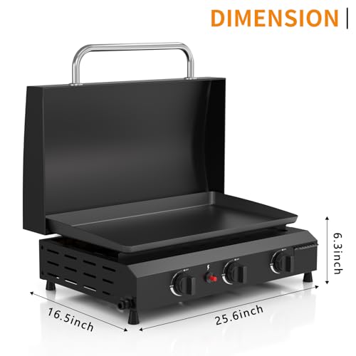 ADREAK 25.6'' Gas Griddle Flat Top Grill with Lid, 3-Burner Tabletop Portable Propane Griddle for Outdoor Cooking, BBQ, Ca...