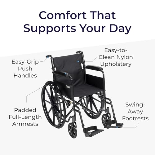 Drive Medical Silver Sport 1 Folding Transport Wheelchair - Lightweight Mobility Support - Full Armrests - Removable Swin...