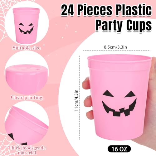 JarThenaAMCS 24 Pcs Halloween Pumpkin Plastic Cups Pink Funny Pumpkin Face Reusable Cups Trick or Treat Party Drinkware Su...