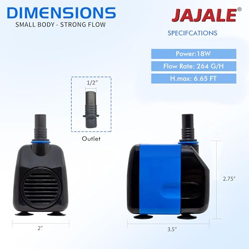 JAJALE 260 GPH Submersible Water Pump - Quite Aquariums, Fountains, Hydroponics, and Pond Pump, 6.65ft Lift, 18W