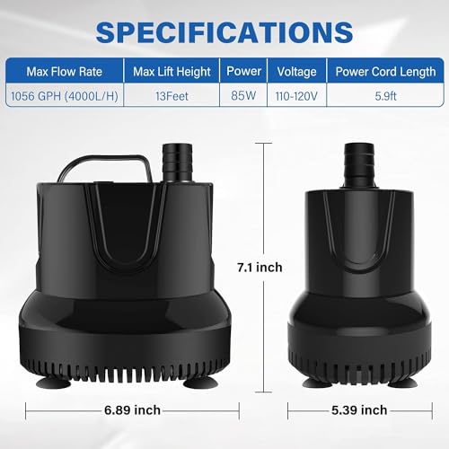 Simple Deluxe 1056GPH Submersible Water Fountain Pump, (4000L/H, 85W) Quick Water Change Aquarium Pump, 13ft High Lift, fo...