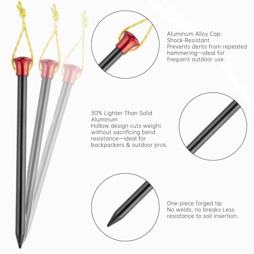 10 Pack Camp Tent Stakes, 6/7.9 Inch Non-Rust Ground Stakes Hollow Aluminum Canopy Anchors Ultralight Tent Spikes Used on ...