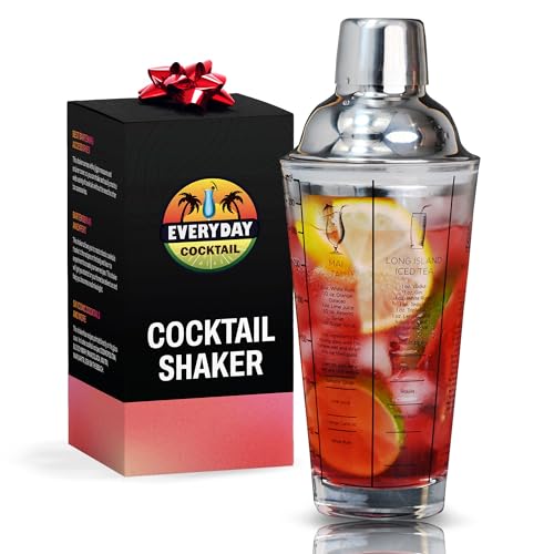 EVERYDAY COCKTAIL - Professional Glass Cocktail Shaker 14 oz, Martini Shaker with Recipes and Measurements, Built-in Strai...