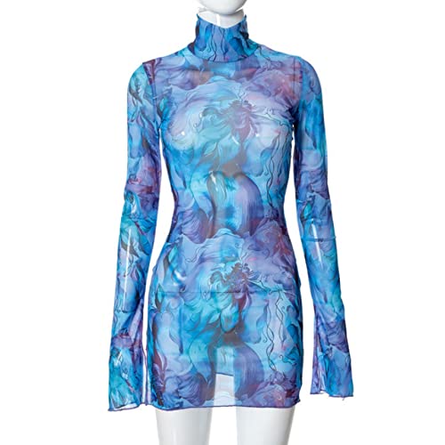 Women’s Floral Tie Dye Sheer Mesh Mini Dress Sexy Mock Neck Split Bodycon Flared Long Sleeve Beach Party Dress