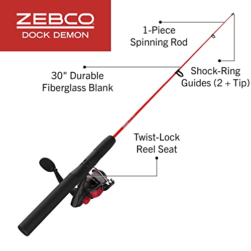 Zebco Dock Demon Spinning Reel or Spincast Reel and Fishing Rod Combo, 30-Inch Durable Fiberglass Rod, QuickSet Anti-Rever...