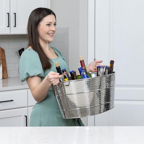 BREKX Aspen Hammered Stainless-Steel Beverage Tub, Ice and Drink Bucket with Metal Stand, 25-Quart for Parties