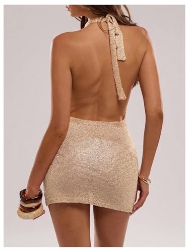 Floerns Women's Y2k Going Out Backless Sexy Halter Dress Draped Cowl Neck Sparkly Sequin Party Bodycon Mini Dresses