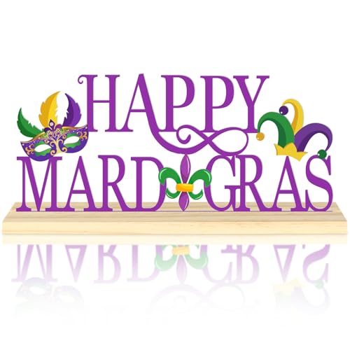 Happy Mardi Gras Metal Table Sign, Mardi Gras Table Decoration Centerpiece, Metal Letter Sign with Wooden Base, Holiday Ta...