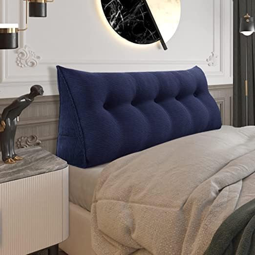 Wedge Headboard Pillow Dorm Room Reading Pillow Back Support for Sitting Up in Bed Bolster Lumbar Cushion Body Positioning Bedrest Corduroy (Navy Blue, Queen (59 * 8 * 20in))